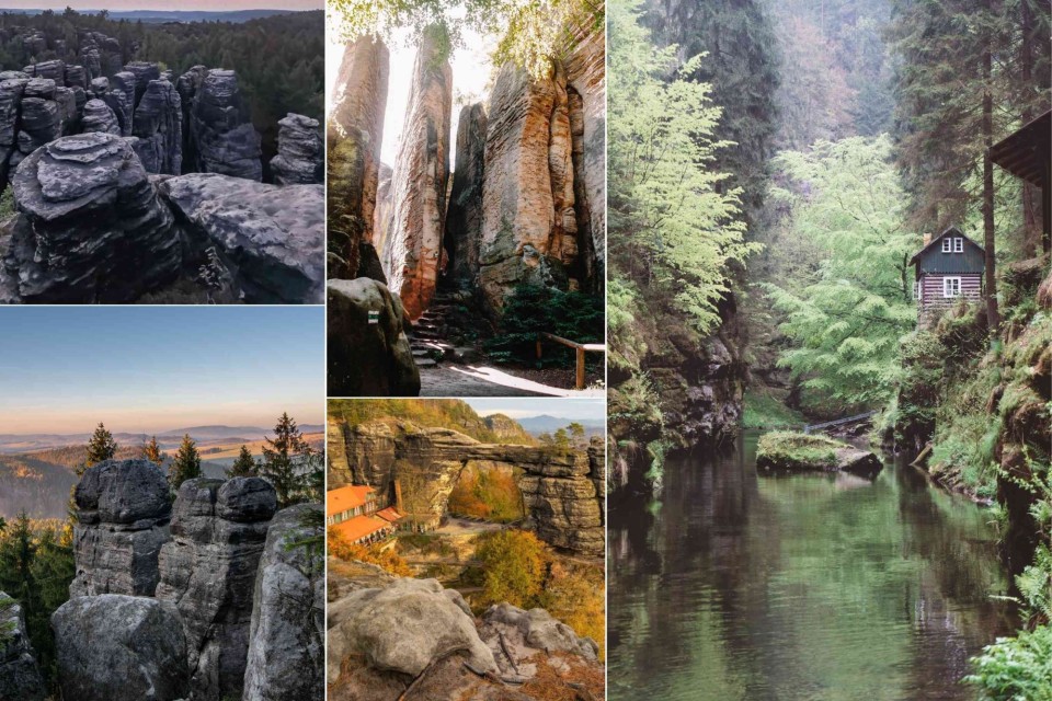 <p data-start="190" data-end="257"><strong data-start="190" data-end="257">Bohemian Switzerland and Rock Formations in the North&nbsp;</strong></p>
<p data-start="259" data-end="711">These photos show landscapes from <strong data-start="293" data-end="331">Bohemian Switzerland National Park</strong> and nearby rock formations in the <strong data-start="366" data-end="399">Bohemian Paradise (Česk&yacute; r&aacute;j)</strong> region. The tall sandstone towers in the upper-left images are typical for <strong data-start="475" data-end="492">Prachov Rocks</strong> and <strong data-start="497" data-end="513">Hruboskalsko</strong> which are popular for hiking routes with marked viewpoints. The narrow rock corridor with sunlight is located in <strong data-start="627" data-end="653">Adr&scaron;pach-Teplice Rocks</strong> which is known for its steep stone walls and loop trails.&nbsp;</p>
<p data-start="713" data-end="1004">The large stone arch is the <strong data-start="741" data-end="759">Pravčick&aacute; Gate</strong>, the biggest sandstone arch in Europe located in Bohemian Switzerland near Hřensko. The river scene with the wooden cabin is from the <strong data-start="894" data-end="912">Kamenice Gorge</strong> where visitors can walk along the river or take a short boat ride operated by local guides.&nbsp;</p>
<p data-start="1006" data-end="1116">These areas are accessible by marked trails and are some of the most visited nature spots in northern Czechia.&nbsp;</p>
<p data-start="1118" data-end="1229" data-is-last-node="" data-is-only-node="">#VisitCzechia #BohemianSwitzerland #Adrspach #PravcickaGate #CeskyRaj #CzechNature #HikingCzechia #TravelEurope</p>