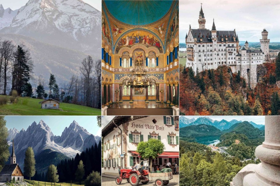 <p data-start="133" data-end="199"><strong data-start="133" data-end="199">Bavaria&rsquo;s castles mountain villages and alpine views&nbsp;</strong></p>
<p data-start="201" data-end="610">Bavaria offers a mix of alpine landscapes classic villages and royal landmarks. The wooden hut fields and mountain slopes come from the <strong data-start="337" data-end="359">Berchtesgaden area</strong> which is known for its hiking trails and panoramic viewpoints. The richly decorated interior belongs to <strong data-start="464" data-end="484">Linderhof Palace</strong>, one of King Ludwig II&rsquo;s residences. The white hilltop castle is <strong data-start="550" data-end="568">Neuschwanstein</strong>, located near F&uuml;ssen and known worldwide.&nbsp;</p>
<p data-start="612" data-end="982">The church with the sharp mountain backdrop reflects the scenery typical for <strong data-start="689" data-end="715">Garmisch-Partenkirchen</strong>. The traditional inn with painted walls and the tractor in front matches the style of <strong data-start="802" data-end="818">Oberammergau</strong>, famous for its fresco houses. The viewpoint with lakes forests and mountains looks over <strong data-start="908" data-end="926">Hohenschwangau</strong>, home to both Neuschwanstein and Hohenschwangau Castle.&nbsp;</p>
<p data-start="984" data-end="1081">Bavaria is easy to explore by car with short distances between villages lakes and historic sites.&nbsp;</p>
<p data-start="1083" data-end="1210" data-is-last-node="" data-is-only-node="">#VisitGermany #Bavaria #Neuschwanstein #Linderhof #GarmischPartenkirchen #Oberammergau #Berchtesgaden #GermanAlps #TravelEurope</p>
