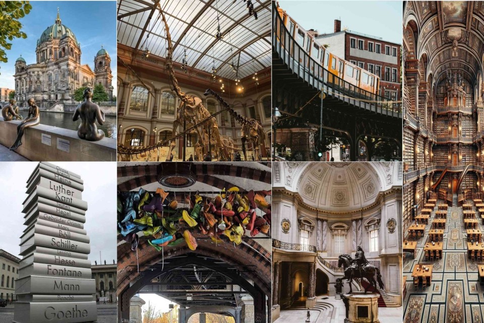 <p data-start="159" data-end="222"><strong data-start="159" data-end="222">Berlin&rsquo;s museums architecture and city highlights&nbsp;</strong></p>
<p data-start="224" data-end="615">Berlin combines important museums striking architecture and everyday city life in one compact area. The large domed church is the <strong data-start="343" data-end="363">Berlin Cathedral</strong> located on Museum Island. The dinosaur skeletons belong to the <strong data-start="427" data-end="452">Museum f&uuml;r Naturkunde</strong> which is known for its Brachiosaurus display. The yellow train running on the bridge is part of the <strong data-start="553" data-end="579">U1 elevated metro line</strong> in Kreuzberg near Schlesisches Tor.&nbsp;</p>
<p data-start="617" data-end="1094">The tall stack of book sculptures stands at <strong data-start="661" data-end="675">Bebelplatz</strong> as a monument dedicated to German authors. The shoes hanging under the brick bridge are found in several spots in <strong data-start="790" data-end="803">Kreuzberg</strong> where street art and installations are common. The grand staircase with the equestrian statue is part of the <strong data-start="913" data-end="928">Bode Museum</strong> also on Museum Island. The large wood-paneled reading room with multi-level bookshelves looks like the <strong data-start="1032" data-end="1056">Berlin State Library</strong> which is used for study and research.&nbsp;</p>
<p data-start="1096" data-end="1213">Berlin is easy to move through by public transport with most major museums and landmarks located close to each other.&nbsp;</p>
<p data-start="1215" data-end="1342" data-is-last-node="" data-is-only-node="">#Berlin #VisitGermany #MuseumIsland #BerlinCathedral #Naturkundemuseum #BodeMuseum #BerlinUbahn #GermanyTravel #CityBreakEurope</p>