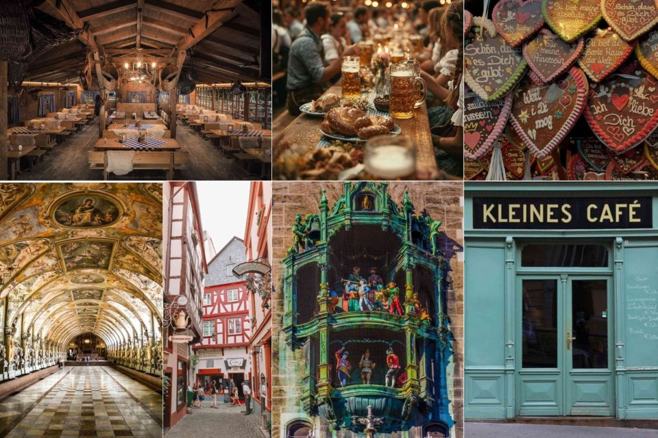 <p data-start="210" data-end="282"><strong data-start="210" data-end="282">Bavarian food culture local streets and historic landmarks&nbsp;&nbsp;</strong></p>
<p data-start="284" data-end="664">Bavaria is easy to recognise through its beer halls traditional decorations and detailed architecture. The large wooden hall with long tables fits the style of a classic <strong data-start="454" data-end="474">Munich beer hall</strong>, where visitors order pretzels roast dishes and litre-sized beer steins. The gingerbread heart cookies are <strong data-start="582" data-end="601">Lebkuchenherzen</strong>, usually found at markets in Munich and other Bavarian cities.&nbsp;</p>
<p data-start="666" data-end="1176">The ornate hall with painted ceilings belongs to the <strong data-start="719" data-end="738">Residenz Munich</strong>, a major historic palace. The narrow street with half-timbered houses matches the look of smaller Bavarian towns such as <strong data-start="860" data-end="899">Bamberg or Rothenburg ob der Tauber</strong>, known for their old-town layouts. The colourful rotating figures on the tower are part of the <strong data-start="995" data-end="1019">M&auml;nnleinlaufen clock</strong> at the Frauenkirche in <strong data-start="1043" data-end="1056">Nuremberg</strong>. The mint-coloured caf&eacute; exterior represents the type of small street caf&eacute;s you find throughout Munich&rsquo;s neighbourhoods.&nbsp;</p>
<p data-start="1178" data-end="1311">Bavaria combines large city landmarks with small-town streets and local traditions which makes the region straightforward to explore.</p>
<p data-start="1313" data-end="1431" data-is-last-node="" data-is-only-node="">#GermanyTravel #Bavaria #Munich #Nuremberg #RothenburgObDerTauber #GermanFood #BeerHall #VisitGermany #CityBreakEurope</p>