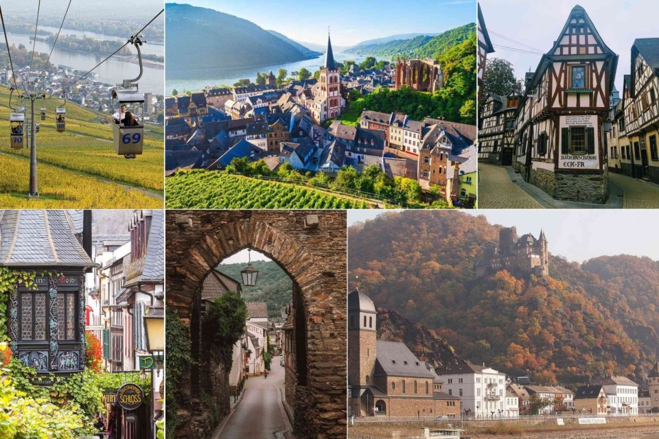 <p data-start="211" data-end="289"><strong data-start="211" data-end="289">The Rhine Valley with vineyards small towns and hillside castles&nbsp;</strong></p>
<p data-start="291" data-end="663">The cable cars in the first image run above the vineyards in <strong data-start="352" data-end="365">R&uuml;desheim</strong>, following the route to the Niederwald Monument. The town view with the church tower and ruins belongs to <strong data-start="472" data-end="485">Bacharach</strong>, one of the well-known wine villages along the Rhine. The half-timbered corner house is located in <strong data-start="585" data-end="608">Limburg an der Lahn</strong>, a town recognised for its preserved medieval streets.&nbsp;</p>
<p data-start="665" data-end="1046">The detailed wooden bay window fits the style of <strong data-start="714" data-end="742">R&uuml;desheim&rsquo;s Drosselgasse</strong>, a narrow street with traditional wine taverns. The stone archway leads into the centre of <strong data-start="834" data-end="847">Beilstein</strong>, a small village near the Moselle often called the Sleeping Beauty of the region. The hillside castle overlooking the river is <strong data-start="975" data-end="992">Burg Stahleck</strong> near Bacharach which stands directly above the Rhine.&nbsp;</p>
<p data-start="1048" data-end="1173">This region is straightforward to explore by train boat or car and many of the towns are within short distance of each other.&nbsp;</p>
<p data-start="1175" data-end="1293" data-is-last-node="" data-is-only-node="">#GermanyTravel #RhineValley #Ruedesheim #Bacharach #Beilstein #Limburg #RhineCastles #VisitGermany #WineRegionsGermany</p>