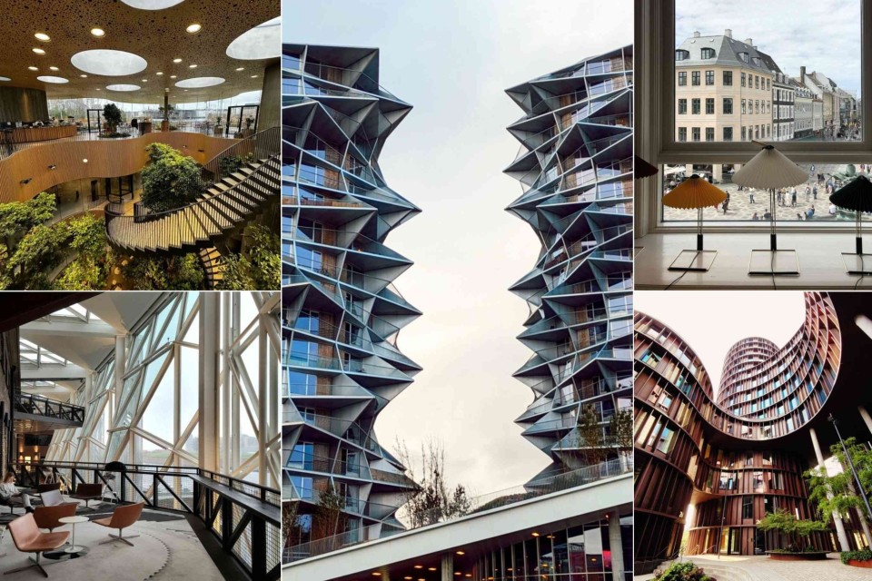 <p data-start="199" data-end="270"><strong data-start="199" data-end="270">Modern design innovative buildings and clear city layouts&nbsp;</strong></p>
<p data-start="272" data-end="655">Copenhagen is known for combining architecture with practical everyday use. The large indoor staircase surrounded by plants belongs to the <strong data-start="411" data-end="427">Maersk Tower</strong>, designed as a research and education building with open spaces and natural light. The geometric twin towers are <strong data-start="541" data-end="574">The Kr&oslash;yer&rsquo;s Plads apartments</strong>, located near the harbour and built with a strong focus on Danish modern design.&nbsp;</p>
<p data-start="657" data-end="998">The lounge area with angular steel supports is part of the <strong data-start="716" data-end="731">Axel Towers</strong> interior, a well-known multi-purpose building near Tivoli. The curved structure seen from below is the <strong data-start="835" data-end="860">Axel Towers courtyard</strong>, showing its circular layout. The desk with the small lamps overlooks <strong data-start="931" data-end="942">Str&oslash;get</strong>, one of the main pedestrian streets in the city centre.&nbsp;</p>
<p data-start="1000" data-end="1170">Copenhagen keeps most of these modern buildings within short distance of metro stops cycle lanes and pedestrian areas which makes it simple to explore on foot or by bike.&nbsp;</p>
<p data-start="1172" data-end="1286" data-is-last-node="" data-is-only-node="">#VisitDenmark #CopenhagenDesign #ModernArchitecture #ScandinavianStyle #DenmarkTravel #CityExploring #NordicDesign</p>