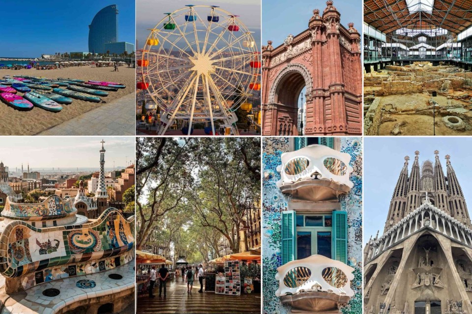 <p data-start="113" data-end="192"><strong data-start="113" data-end="192">A city where beaches, markets and architecture sit side by side&nbsp;</strong></p>
<p data-start="194" data-end="597"><strong data-start="194" data-end="215">Barceloneta Beach</strong> is the starting point for many visitors with paddleboards lined up along the sand and the <strong data-start="306" data-end="317">W Hotel</strong> marking the coastline. From there you can head up to <strong data-start="371" data-end="383">Tibidabo</strong> where the colourful Ferris wheel overlooks the entire city. The <strong data-start="448" data-end="465">Arc de Triomf</strong> and the excavated ruins inside <strong data-start="497" data-end="524">El Born Cultural Centre</strong> show a mix of historic landmarks in the middle of modern neighbourhoods.&nbsp;</p>
<p data-start="599" data-end="941"><strong data-start="599" data-end="613">Park G&uuml;ell</strong> appears in the lower left with its tiled benches and views over the city and <strong data-start="691" data-end="704">La Rambla</strong> offers a long shaded walkway filled with small stalls and caf&eacute;s. <strong data-start="770" data-end="785">Casa Batll&oacute;</strong> is easily recognised by its curved balconies and mosaic fa&ccedil;ade and the <strong data-start="857" data-end="876">Sagrada Fam&iacute;lia</strong> stands out with its towers that continue to rise above the city.&nbsp;</p>
<p data-start="943" data-end="1074" data-is-last-node="" data-is-only-node="">#Barcelona #VisitSpain #Catalonia #CityTravel #BarcelonaStreets #GaudiArchitecture #TravelEurope #UrbanExploring #DiscoverBarcelona</p>