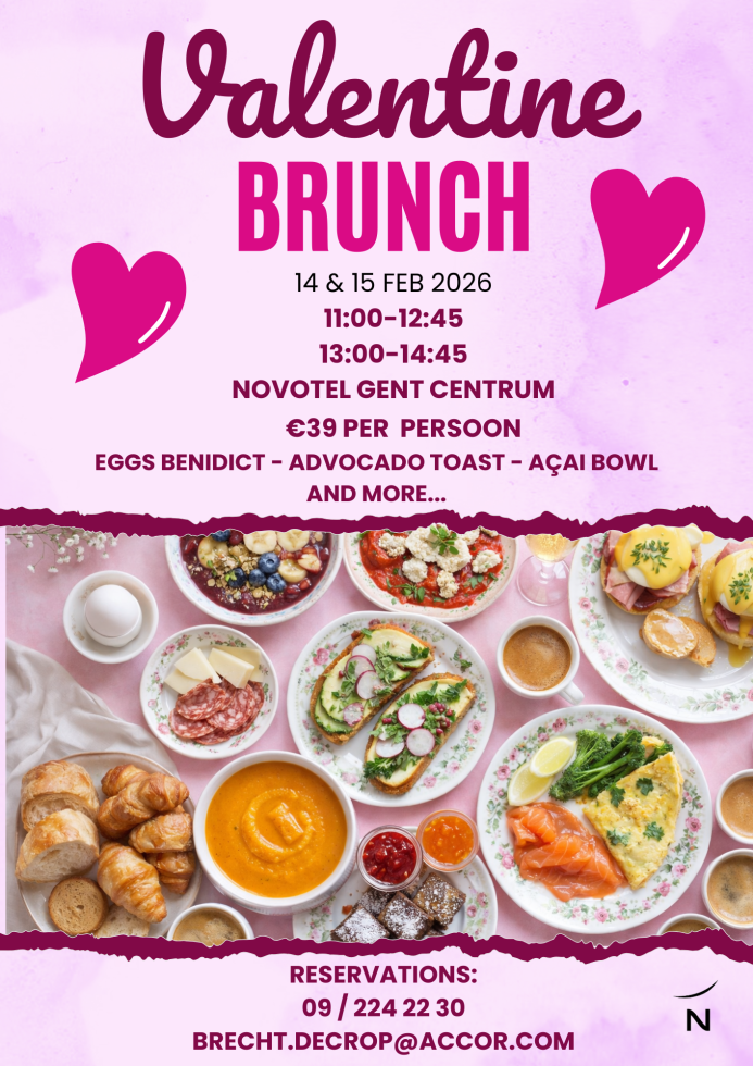 <p>This <strong>Valentine’s weekend</strong>, on February 14th and 15th, take the time to celebrate love with a delicious brunch in a warm and elegant atmosphere.<br data-start="357" data-end="360">At Novotel Ghent, we invite you to share a special moment for two, filled with sweet treats, thoughtful details, and comforting flavors, the perfect way to start the day gently 💕</p><p>Whether you want to surprise your loved one or simply enjoy a timeless moment together, our Valentine’s Day brunch is the ideal occasion to slow down, reconnect, and create beautiful memories 🥂✨</p>