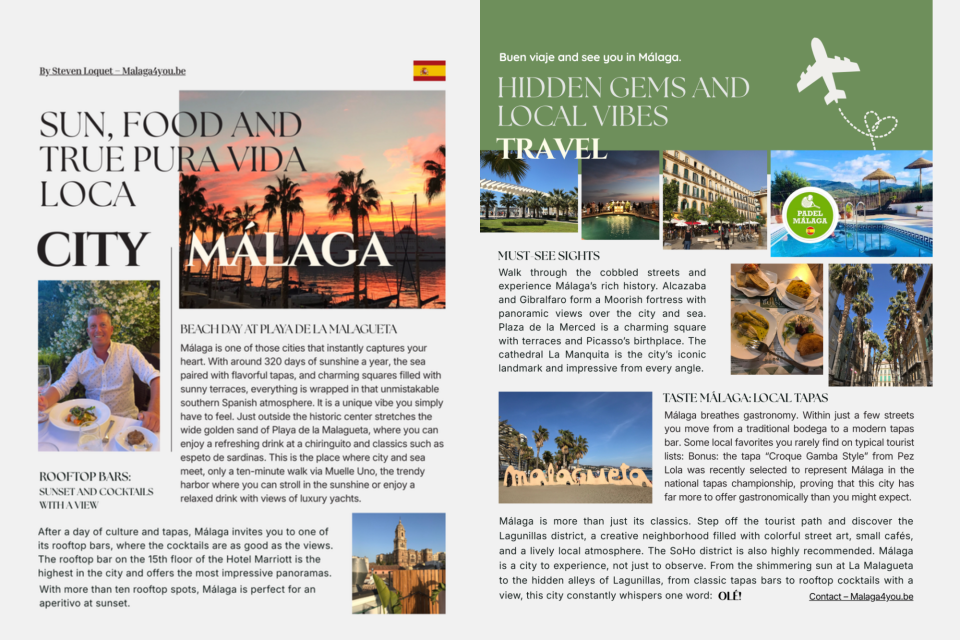 <p class="isSelectedEnd"><strong>M&aacute;laga Guide: Sun, Food and Local Vibes</strong></p>
<p class="isSelectedEnd">M&aacute;laga brings together sunshine, culture and a relaxed Mediterranean lifestyle. From beach days at Playa de la Malagueta to rooftop views and tapas in the historic center, the city offers a mix of local flavor and vibrant energy.</p>
<p class="isSelectedEnd">Explore landmarks like the Alcazaba, Gibralfaro and the cathedral, wander through lively neighborhoods like Soho and Lagunillas, and take your time to enjoy the food scene that defines the city.</p>
<p class="isSelectedEnd">From classic tapas bars to modern spots and sunset cocktails with a view, M&aacute;laga is a destination to experience.</p>
<p class="isSelectedEnd">Want to be featured as well? Get in touch and share your story.</p>
<p>#Malaga #Spain #TravelSpain #CityGuide #HiddenGems</p>
