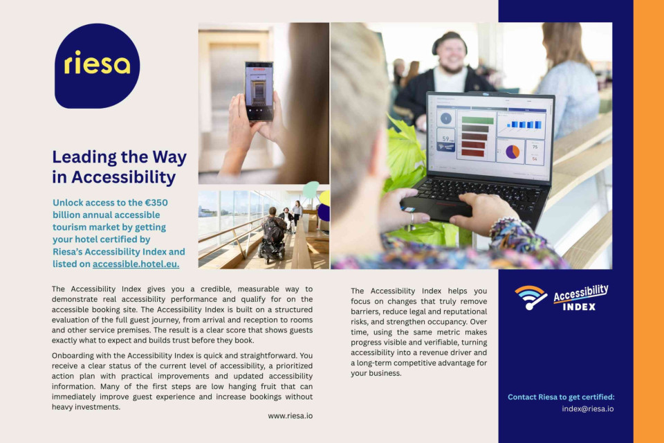 <p class="isSelectedEnd">Accessibility is not just the right thing to do. It is a smart business decision.</p>
<p class="isSelectedEnd">With tools like <a href="https://riesa.io/"><strong>the Accessibility Index by Riesa</strong></a>, hotels can move from assumptions to measurable performance. From unclear claims to verified and structured insights.</p>
<p class="isSelectedEnd">By evaluating the full guest journey, it creates a clear and credible picture of accessibility. Helping hotels improve where it matters most and communicate it with confidence.</p>
<p class="isSelectedEnd">The result?<br>Better guest experiences.<br>Stronger trust.<br>And access to a growing market that is too often overlooked.</p>
<p class="isSelectedEnd">Because when accessibility becomes measurable, it becomes actionable.</p>
<p>#Accessible #Accessibility #Hospitality #Tourism #Innovation</p>