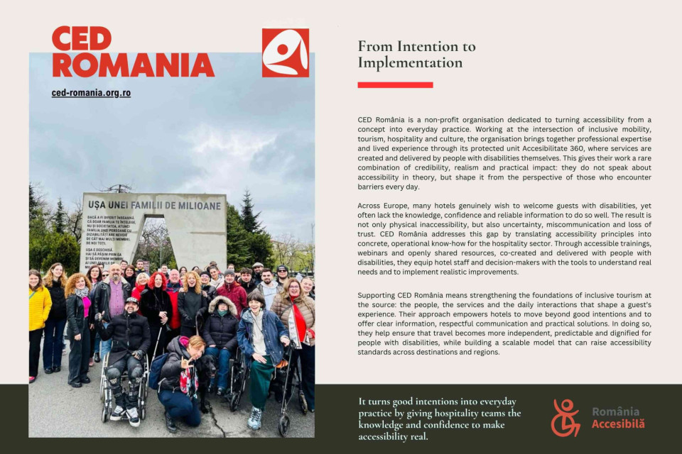 <p class="isSelectedEnd">Accessibility begins with understanding. And grows through action.</p>
<p class="isSelectedEnd"><strong>CED Romania</strong> is turning accessibility from intention into everyday practice.</p>
<p class="isSelectedEnd">By combining professional expertise with lived experience, they bring a perspective that is often missing. Not theory, but reality. Not assumptions, but insight from those who face barriers every day.</p>
<p class="isSelectedEnd">Through training, resources and collaboration, they equip the <strong>hospitality sector</strong> with the knowledge and confidence to create real change.</p>
<p class="isSelectedEnd">Because true inclusion is built at the foundation. In people, in services and in every interaction.</p>
<p class="isSelectedEnd">From intention to implementation. From ideas to impact.</p>
<p>#Accessible #Accessibility #Tourism #Impact #Collaboration</p>